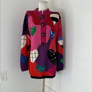 Vintage Art To Wear Embellished Colorful Heart Knit Sweater OVERSIZED
